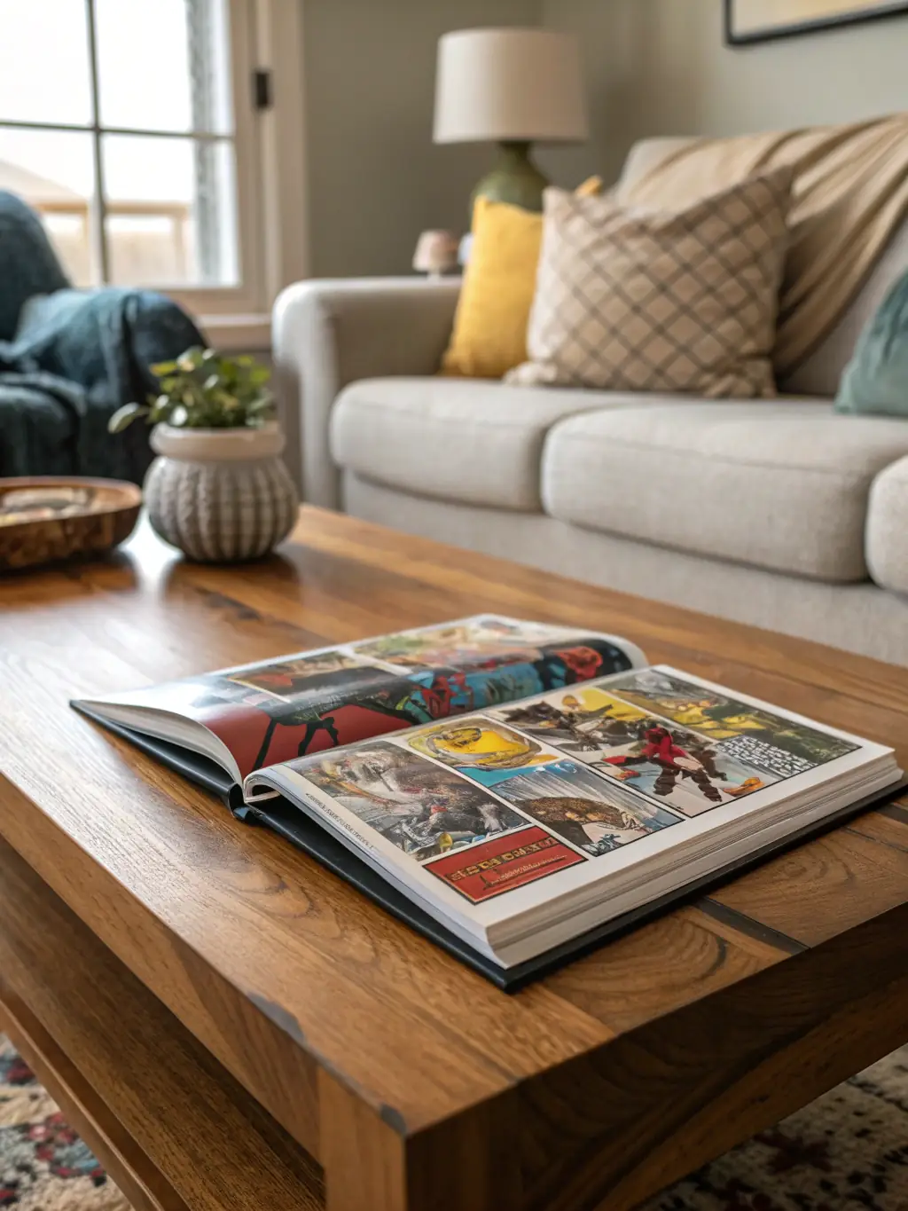 A professionally printed Lifestories comic book displayed on a coffee table, highlighting its high-quality print and design.