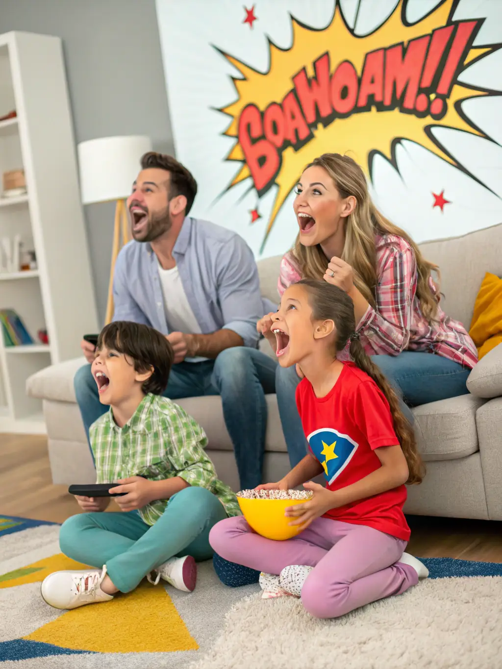 A close-up shot of a happy family reading a Lifestories comic book together, emphasizing the joy and connection it brings.