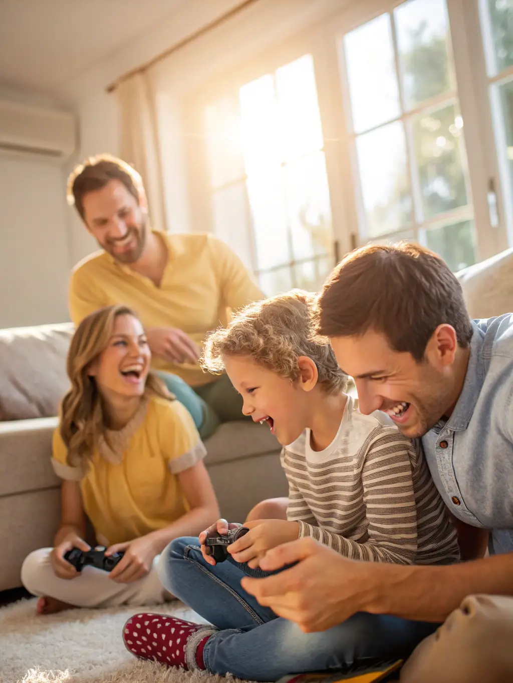 A family gathered around, laughing and enjoying a Lifestories comic book together, emphasizing the shared joy and lasting memories.