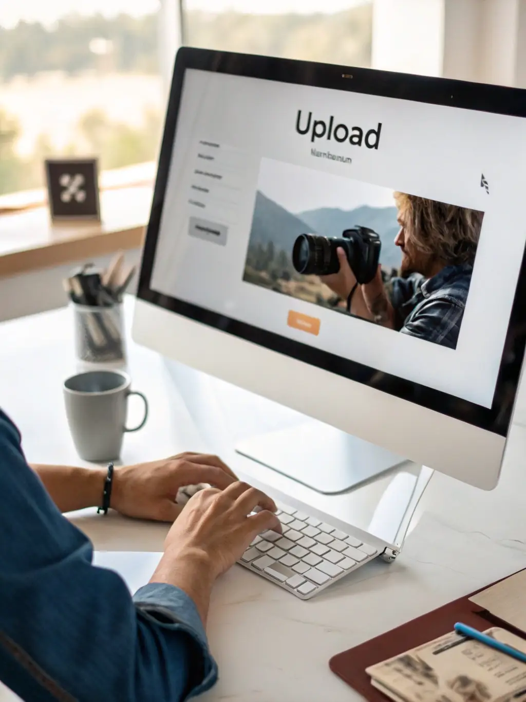 A user-friendly interface showing photos being uploaded from a computer to the Lifestories website, with progress bars and clear instructions.