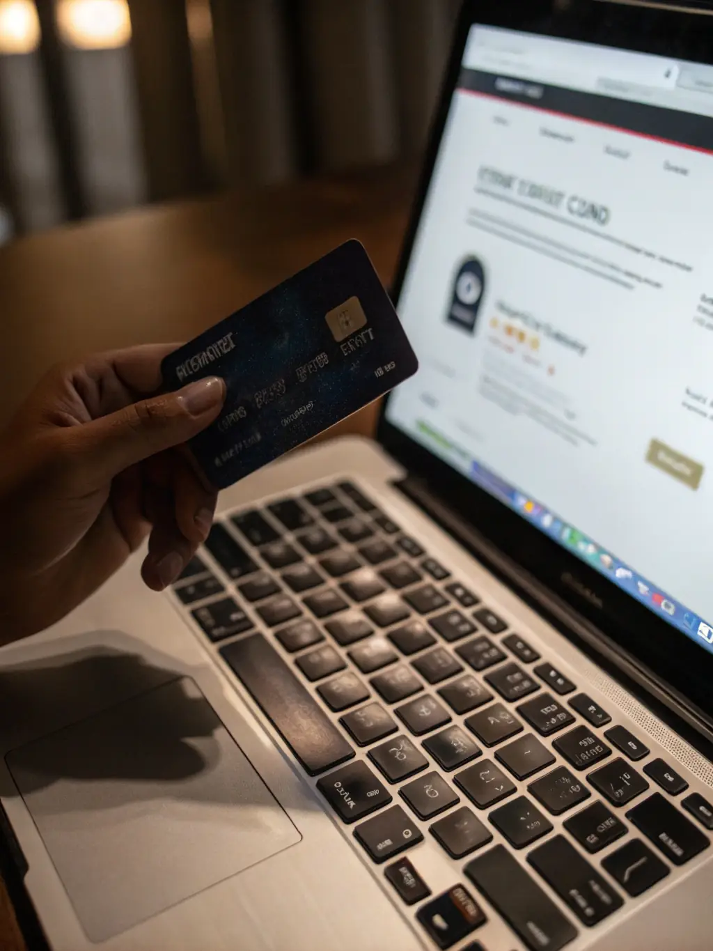 A person happily entering their payment information on a secure online form, with a credit card and a small lock icon visible to represent security.
